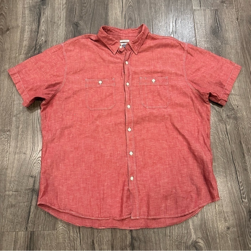 Old Navy Men’s Linen Shirt XXL Red Chambray Button Up Slim Fit Short Sleeve Polo